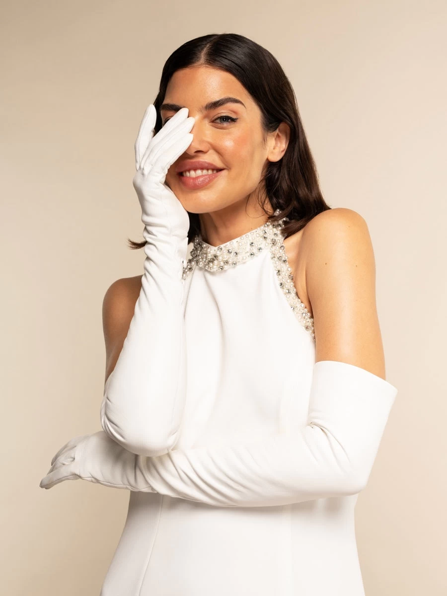 Angelina (white) - Italian Silk Lined 16-button Length Leather Bridal / Opera Gloves 2 Angelina (white) - Italian Silk Lined 16-button Length Leather Bridal / Opera Gloves - Image 2