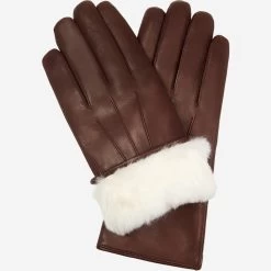 Francesca (brown) - Italian Lambskin Leather Gloves With White Rabbit Fur Lining