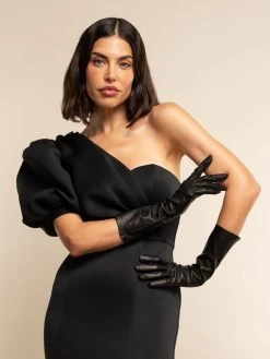 Leonora (black) - Italian Cashmere Lined 6-button Length Leather Gloves -Fratelli Orsini Shop Leonora black leather gloves fratelli orsini 6