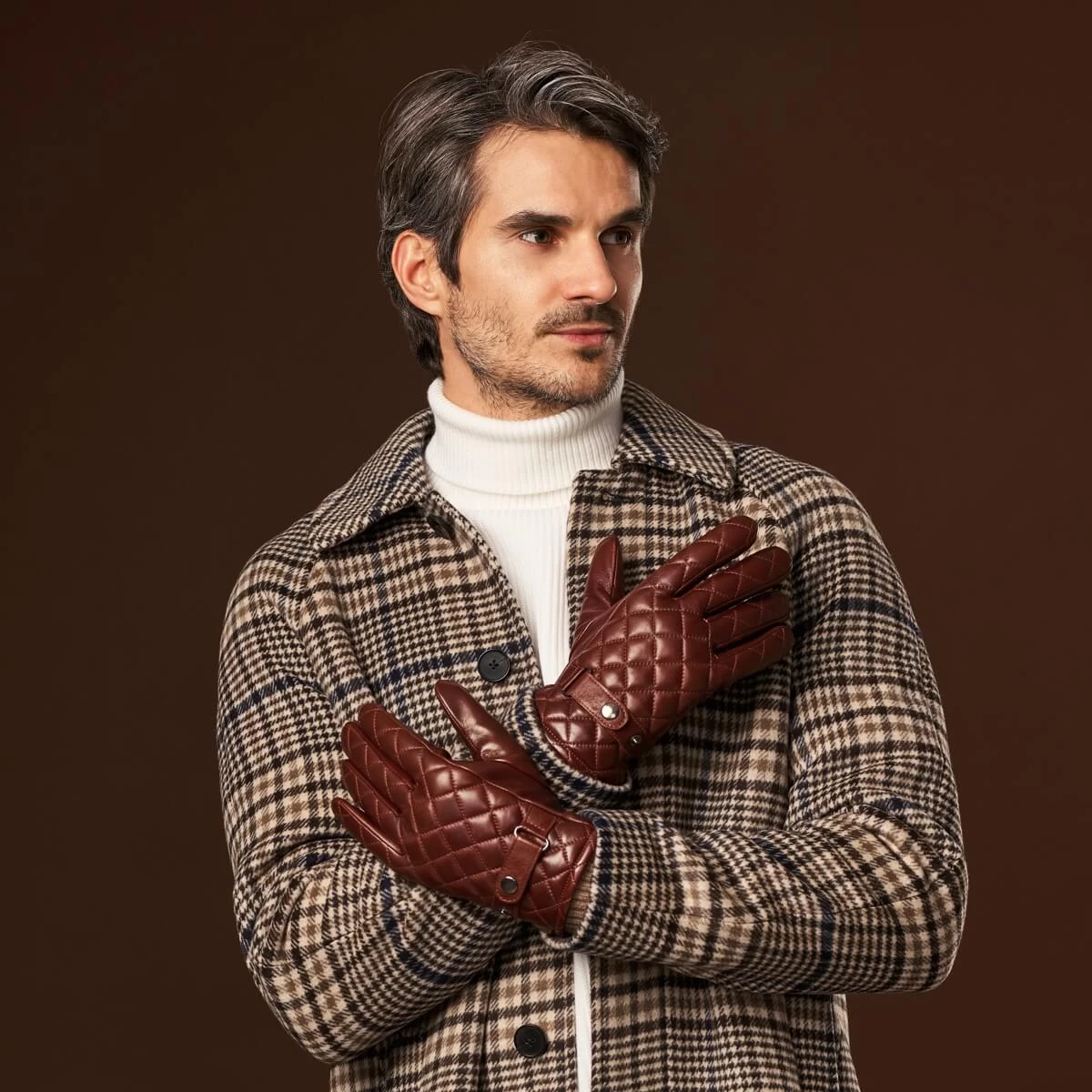 Luca (brown) - Italian Lambskin Leather Gloves With Cashmere Lining And Checkered Pattern 6 Luca (brown) - Italian Lambskin Leather Gloves With Cashmere Lining And Checkered Pattern - Image 6