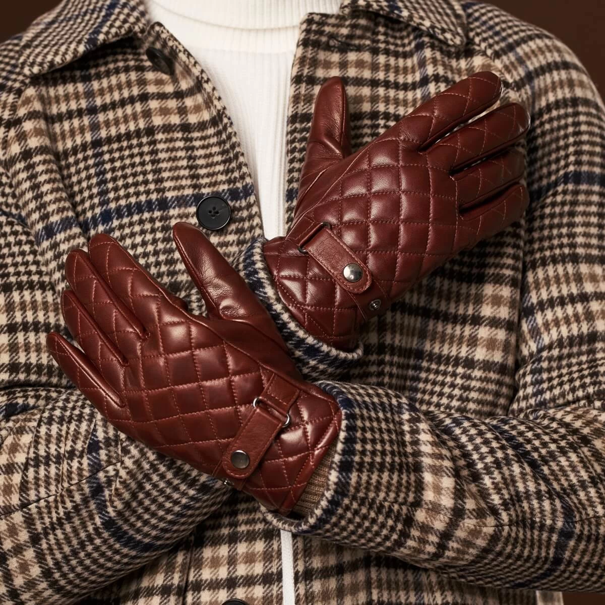 Luca (brown) - Italian Lambskin Leather Gloves With Cashmere Lining And Checkered Pattern 12 Luca (brown) - Italian Lambskin Leather Gloves With Cashmere Lining And Checkered Pattern - Image 12