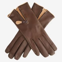 CA0547 (brown) - Women's Lambskin Cashmere Lined Leather Gloves With Zipper