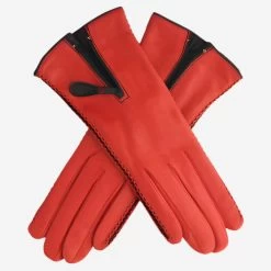 CA0547 (red) - Women's Lambskin Cashmere Lined Leather Gloves With Zipper