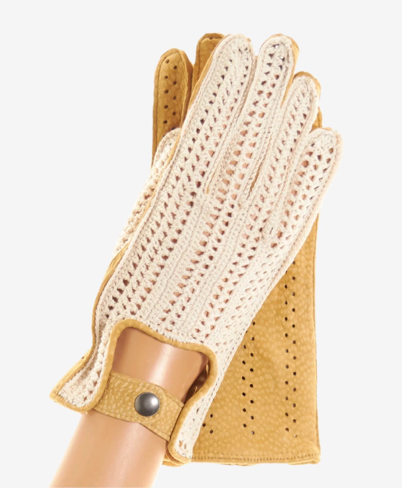 CA4620 (tan) - Women's Crochet And Carpincho Leather Driving Gloves 1 CA4620 (tan) - Women's Crochet And Carpincho Leather Driving Gloves