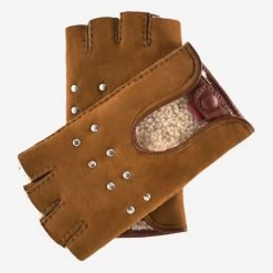 CA4956 (cognac) - Women’s Suede Driving Gloves With Lambswool Lining & Metal Studs