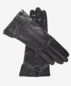 CC4005 (black) - Women's Italian Cashmere Lined Leather Gloves With Decorative Stitching