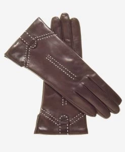 CC4005 (brown) - Women's Italian Cashmere Lined Leather Gloves With Decorative Stitching