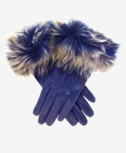 CC4066 (blue) - Women's Italian Fox Fur Cuff Cashmere Lined Leather Gloves