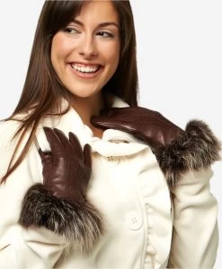 CC4066 (brown) - Women's Italian Fox Fur Cuff Cashmere Lined Leather Gloves -Fratelli Orsini Shop cc4066brn v1 l