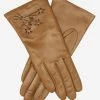 CC4101 (brown) - Women's Italian Cashmere Lined Leather Gloves With Floral Accents