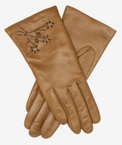 CC4101 (brown) - Women's Italian Cashmere Lined Leather Gloves With Floral Accents