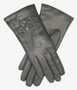 CC4101 (charcoal) - Women's Italian Cashmere Lined Leather Gloves With Floral Accents