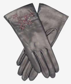 CC4101 (navy) - Women's Italian Cashmere Lined Leather Gloves With Floral Accents