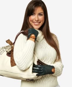 CC4160 (forest/brown) Women's Cashmere Lined Leather Gloves With Buckle -Fratelli Orsini Shop cc4160forest v1 l