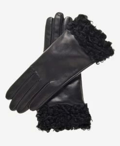 CC4172 (black) - Women's Cashmere Lined Leather Gloves With Persian Lamb Cuffs