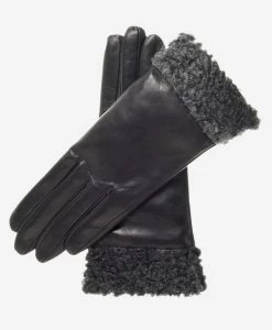 CC4172 (black/silver) - Women's Cashmere Lined Leather Gloves With Persian Lamb Cuffs