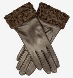 CC4172 (brown) - Women's Cashmere Lined Leather Gloves With Persian Lamb Cuffs