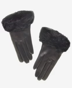 CC4327 (black) - Women’s Lambskin Winter Gloves Cashmere Lined With Rabbit Fur Cuff
