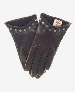 CC4391 (black) - Women's Italian Cashmere Lined Leather Gloves With Studs