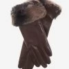 CC4514 (brown) - Women's Italian Rex Rabbit Fur Cuff Lambskin Gloves