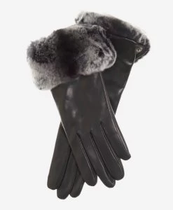 CC4516 (black) - Women's Italian Suede And Rex Rabbit Fur Cuff Lambskin Gloves
