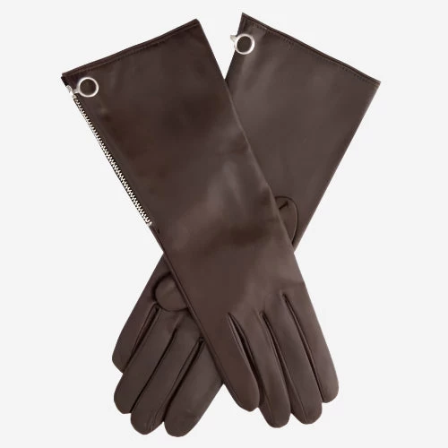 CC4879W8 (brown) - Elbow Length Italian Cashmere Lined Gloves With Side Zipper 2 CC4879W8 (brown) - Elbow Length Italian Cashmere Lined Gloves With Side Zipper - Image 2
