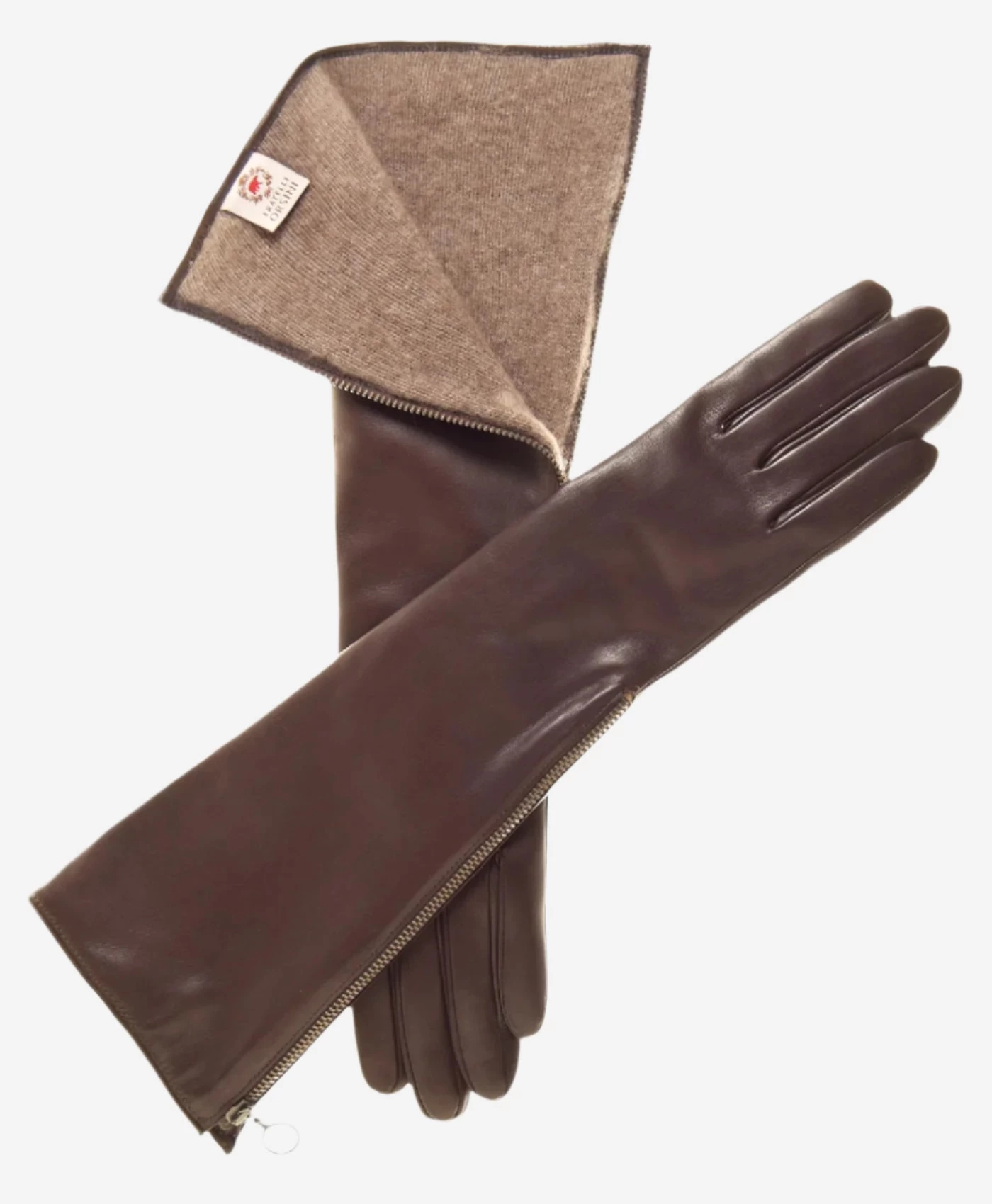 CC4879W8 (brown) - Elbow Length Italian Cashmere Lined Gloves With Side Zipper 1 CC4879W8 (brown) - Elbow Length Italian Cashmere Lined Gloves With Side Zipper