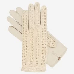 CD4020 (cream) - Women's Crochet And Leather Driving Gloves