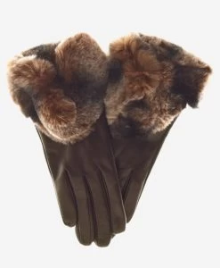 CR4347 (brown) - Women's Italian Rex Rabbit Fur Cuff Cashmere Lined Winter Leather Gloves