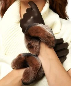 CR4347 (brown) - Women's Italian Rex Rabbit Fur Cuff Cashmere Lined Winter Leather Gloves -Fratelli Orsini Shop cr4347brn v3 l