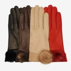 CS4033 (brown) - Women's Italian Silk Lined Lambskin Leather Gloves With Mink Pompom -Fratelli Orsini Shop cs4033