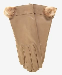 CS4033 (beige) - Women's Italian Silk Lined Lambskin Leather Gloves With Mink Pompom