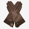 CS4033 (brown) - Women's Italian Silk Lined Lambskin Leather Gloves With Mink Pompom