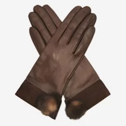 CS4033 (brown) - Women's Italian Silk Lined Lambskin Leather Gloves With Mink Pompom