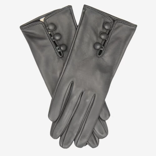 CS4070 (charcoal) - Women's Italian Silk Lined Lambskin Leather Gloves With Buttons 2 CS4070 (charcoal) - Women's Italian Silk Lined Lambskin Leather Gloves With Buttons - Image 2