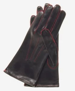 CS4175 (black/red) - Women's Italian Silk Lined Leather Gloves With Contrast Decorative Stitching