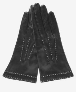 CS4204 (black) - Women's Italian Silk Lined Leather Gloves With Contrast Decorative Stitching