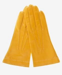 CS4204 (mustard) - Women's Italian Silk Lined Leather Gloves With Contrast Decorative Stitching