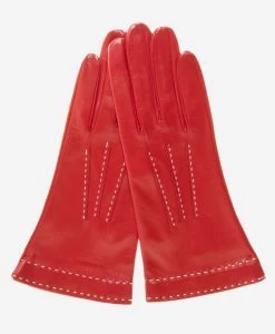 CS4204 (red) - Women's Italian Silk Lined Leather Gloves With Contrast Decorative Stitching