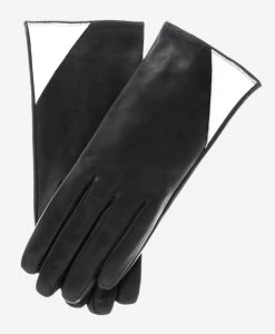 CS4414 (black/white) - Women's Italian Color Blocking Silk Lined Leather Gloves