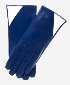 CS4414 (blue/cream) - Women's Italian Color Blocking Silk Lined Leather Gloves
