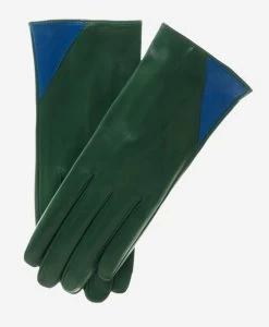 CS4414 (green/blue) - Women's Italian Color Blocking Silk Lined Leather Gloves