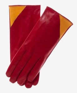CS4414 (red/yellow) - Women's Italian Color Blocking Silk Lined Leather Gloves
