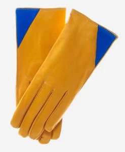 CS4414 (yellow/blue) - Women's Italian Color Blocking Silk Lined Leather Gloves