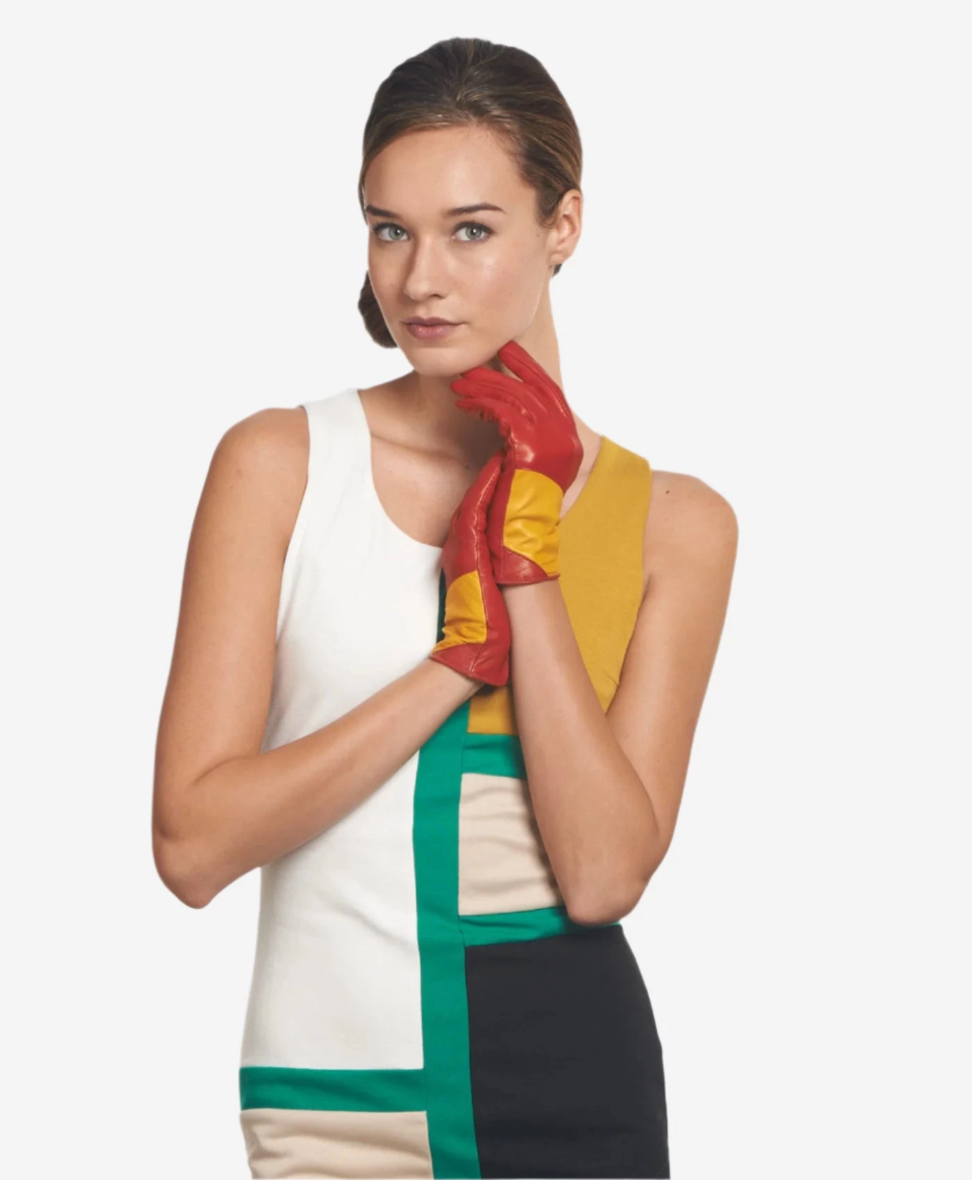 CS4416 (red/yellow) - Women's Italian Color Block Silk Lined Leather Gloves 2 CS4416 (red/yellow) - Women's Italian Color Block Silk Lined Leather Gloves - Image 2