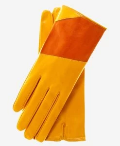 CS4416 (yellow/tang) - Women's Italian Color Block Silk Lined Leather Gloves