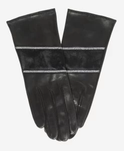 CS4628 (black) - Women's Italian Leather Gloves With Italian Silk Lining And Swarovski Crystal Trim