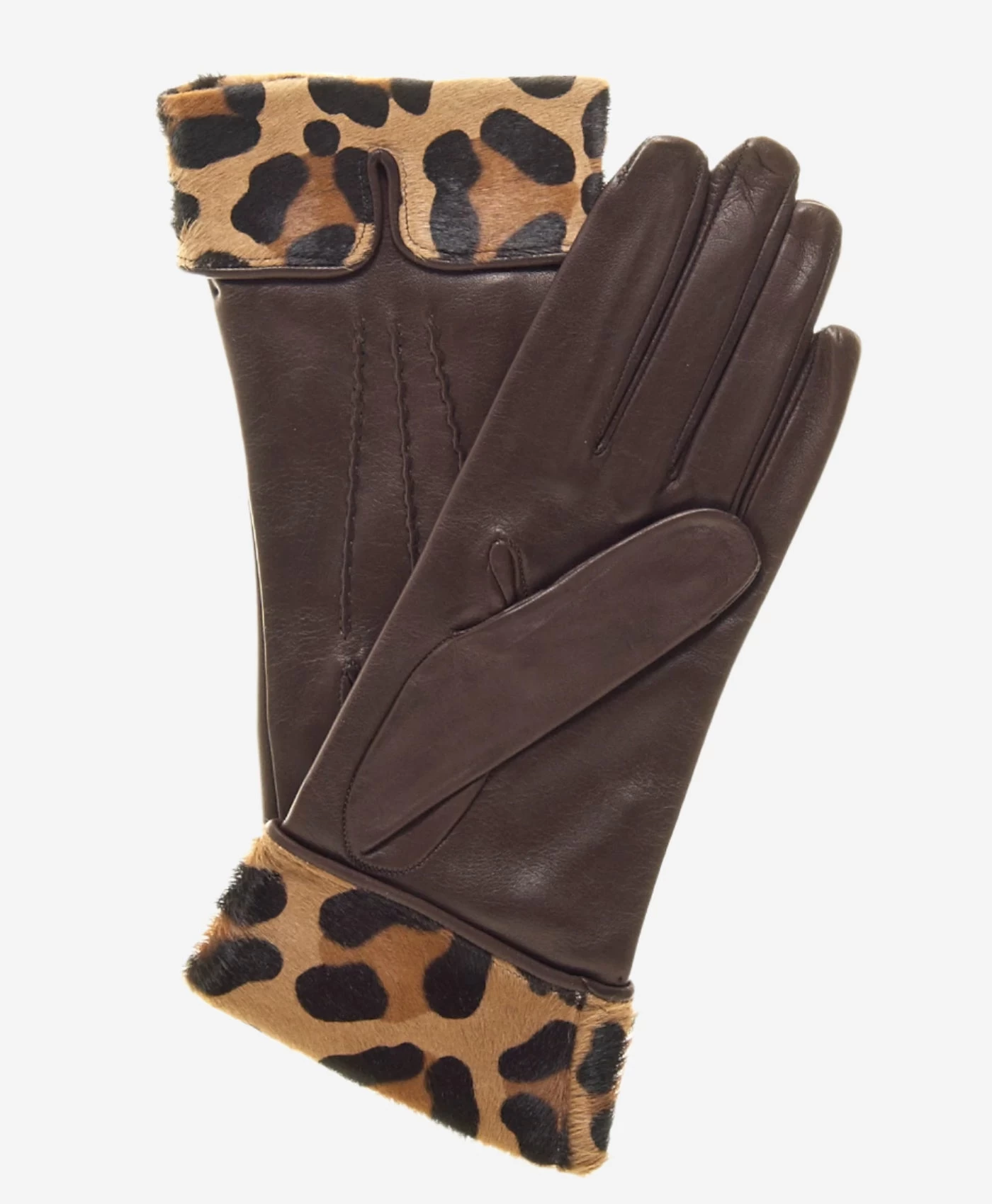 CS4837 (brown) - Women's Italian Silk Lined Lambskin Gloves With Leopard Print Pony Cuff 2 CS4837 (brown) - Women's Italian Silk Lined Lambskin Gloves With Leopard Print Pony Cuff - Image 2