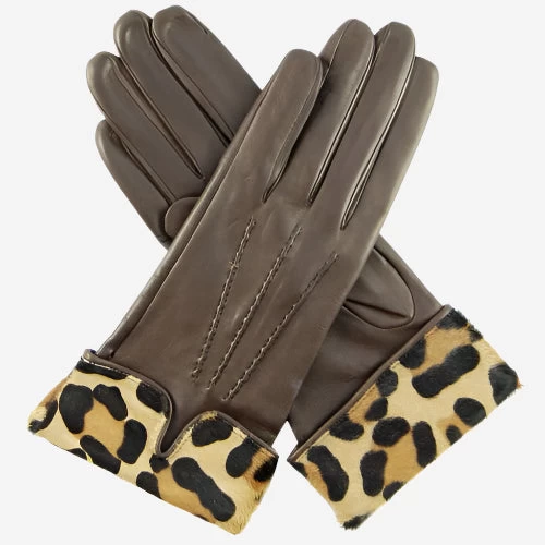 CS4837 (brown) - Women's Italian Silk Lined Lambskin Gloves With Leopard Print Pony Cuff 3 CS4837 (brown) - Women's Italian Silk Lined Lambskin Gloves With Leopard Print Pony Cuff - Image 3