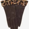 CS4837 (brown) - Women's Italian Silk Lined Lambskin Gloves With Leopard Print Pony Cuff